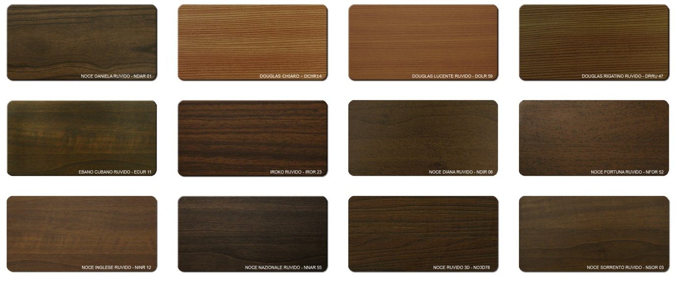 Catalogo finiture: noce, douglas, ebano, iroko