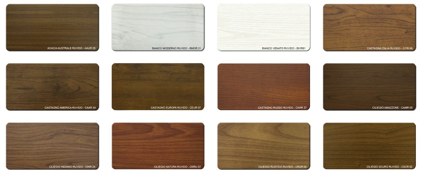 Catalogo finiture: acacia, bianco, castagno, ciliegio