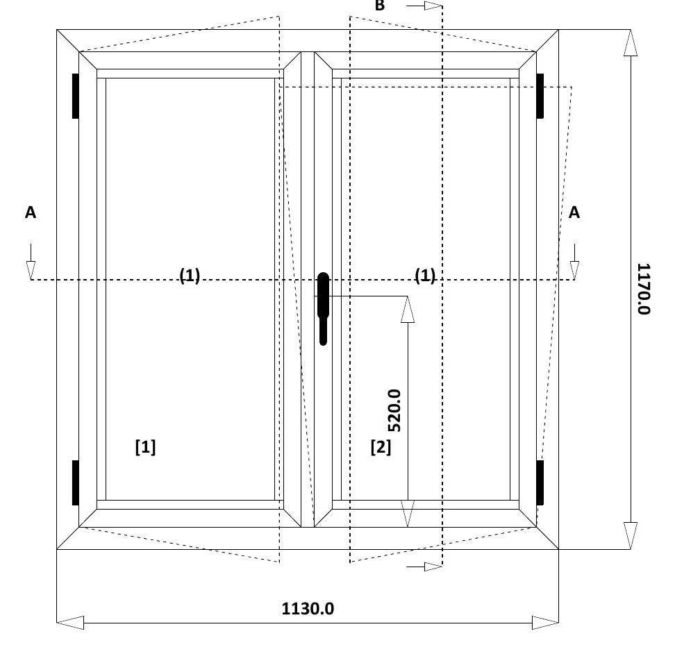 Disegno tecnico quotato — finestra 2 ante ribalta 1130 per 1170 millimetri