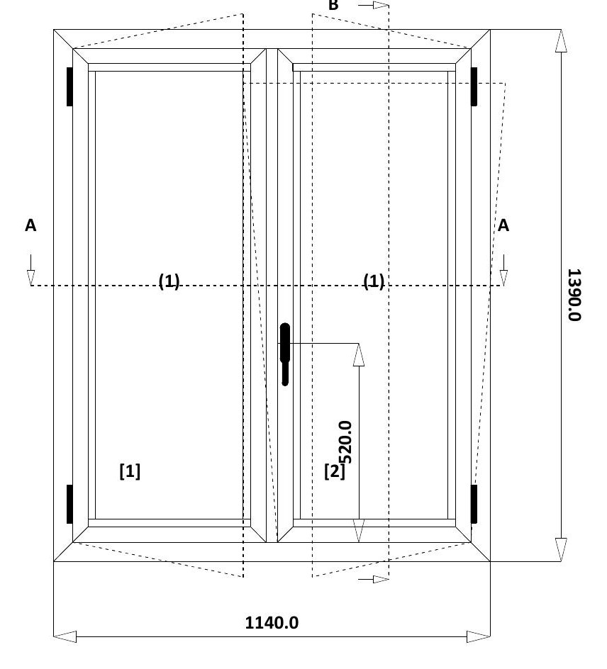 Disegno tecnico quotato — finestra 2 ante ribalta 1140 per 1390 millimetri