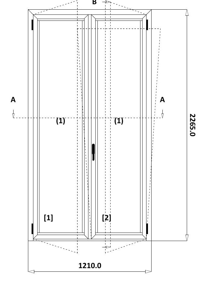 Disegno tecnico quotato — portafinestra 2 ante ribalta 1210 per 2265 millimetri